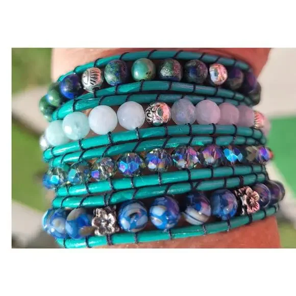 Four Wrap Bead Bracelet Green/Blue Alloy Leather, Glass/ Stone Beads - Picture 2 of 4